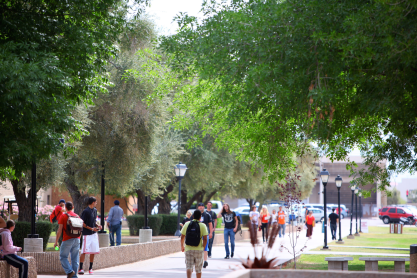 Many students walking outdoors on wide campus sidewalks past large shade trees. 