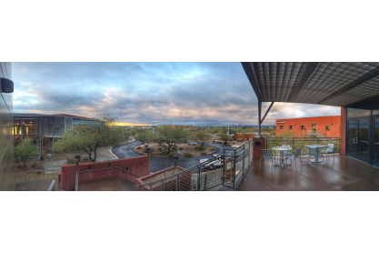 View of the MCC Red Mountain Campus from a high viewpoint. Evening clouds in the background. 