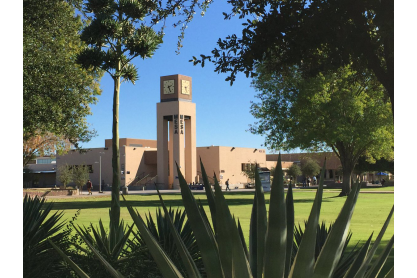 Mesa Community College clocktower in the background with unclose plants in the foreground. 
