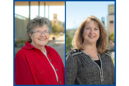 Two photos next to each other. The first of a smiling woman with short dark silver hair wearing thin rimmed eye glasses and a red jacket, Danette Turner; and a photo of a woman with straight shoulder-length light brown hair with bangs wearing a black and grey collarless shirt standing outdoors with the MCC clock tower in the background. 