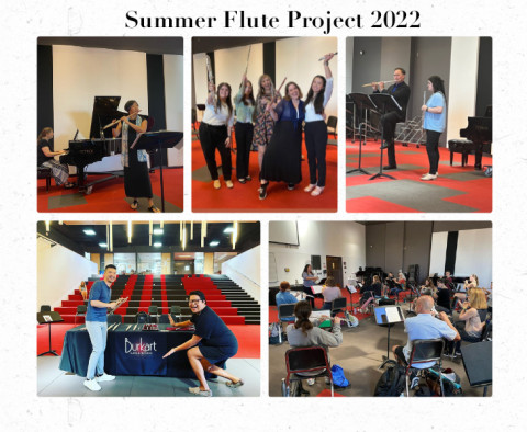 Collage off photos from the 2022 Summer Flute Project including recital with Dr. Buck, and SFP quartet with their coach, a flutists during master class with Dr. Luce, Burkart flutes exhibit table, group warm up class with artist faculty