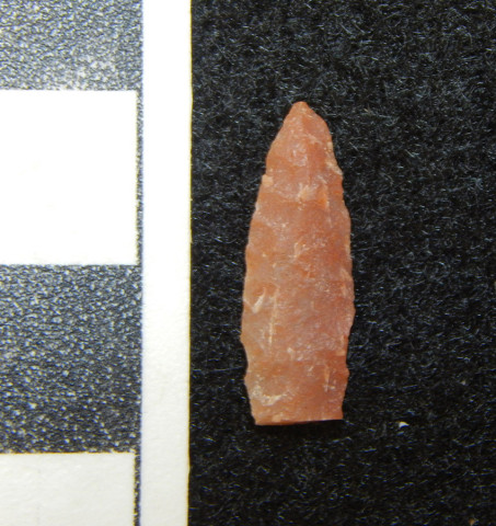 A projectile point on a black background with a measurement reference