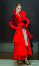 Red long coat with stand up collar