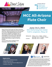 MCC All-Arizona Flute Choir Flyer with photos of an empty stage with a contrabass flute and headshots of the three directors