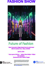 Flyer with the name, date and location of the fashion show. The image is of an AI mannequin.