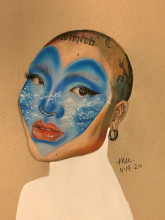 Artwork titled Blue Face by Mia Uribe, face showing blue heart as background for a face. 