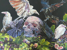 Artwork titled Purgatory by Noura Ibrahim, black and white birds with flowers and a human scull. 