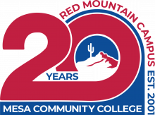 Graphic of the numeral 20 with a silhouette of a sahuaro and Red Mountain within the zero. The text Red Mountain Campus Est. 2001 tracks over the zero. 