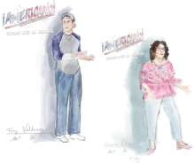 Two renderings, drawings, of Adriana's costume designs for Americano: The Musical
