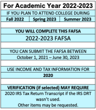 Complete the 2022-2023 FAFSA for the fall 2022 and spring 2023 semesters and for the summer 2023 term. This will require 2020 income information. 