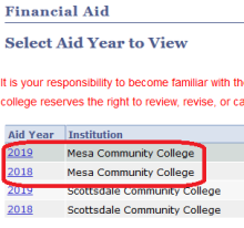 View of the Aid year selection page