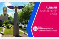Photo of stained glass thunderbird with clock tower in background with text that says alumni membership card with MCC logo