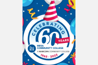 Graphic of balloons and confetti with the MCC 60th logo.