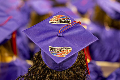 The back of a graduation cap with the MCC Thunderbird.