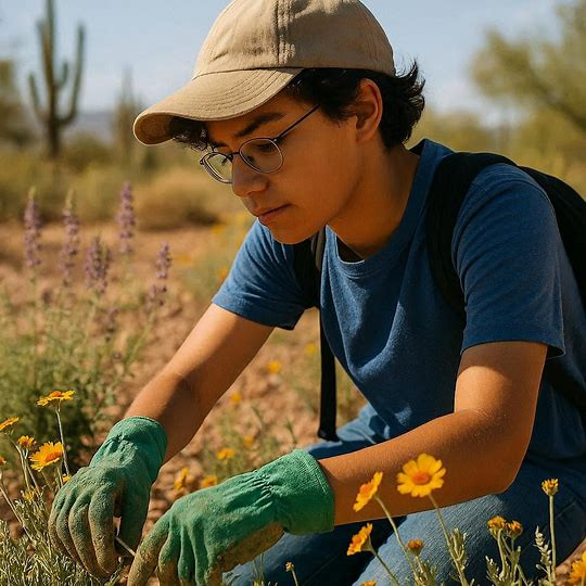 Student working in a desert garden.