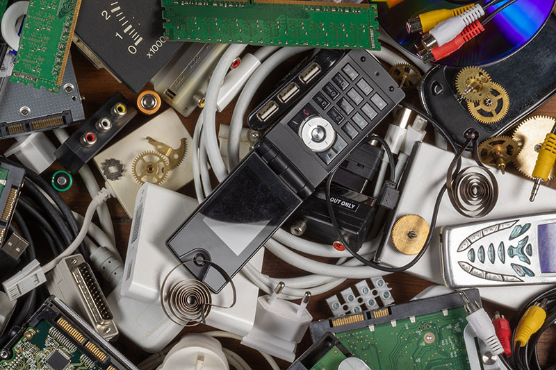 electronics recycling waste, old phones and cords