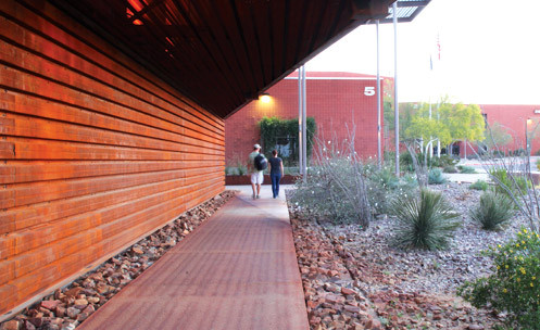 A path and rocky landscaping along the side of a building.