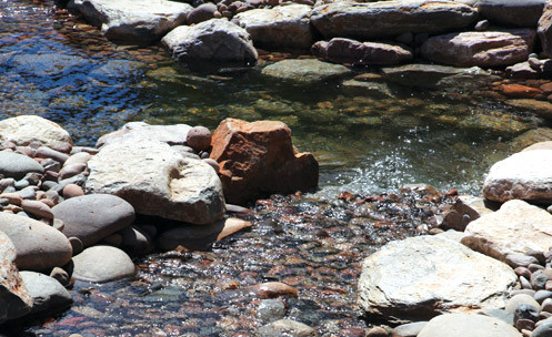 Water flowing over and around rocks.