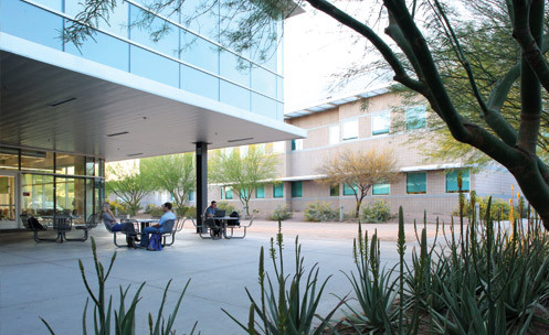 A building patio with students seated at round tables.